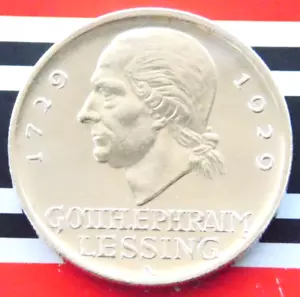 GERMAN 5 MARK REICHSMARK 1929 A Gotthold LESSING Silver Coin WEIMAR REPUBLIC UNC - Picture 1 of 7