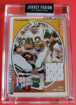 JOE NAMATH GAME USED JERSEY & 2021 Jersey Fusion UPPER DECK HEROES CARD JETS - Image 1 of 2