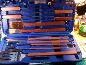 19-Piece Stainless Wood S Steel BBQ Grill Tool Set W/ Hard Case Outdoor Cookout - Picture 1 of 11
