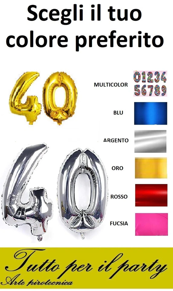 NUMERO 40 mylar 36 cm VARI COLORI - BLU FUCSIA ARGENTO ORO ROSSO - in FOIL  🎁 - Immagine 1 di 1