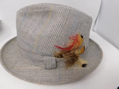 Dobbs Hat 5th Fifth Avenue New York Fedora 6 7/8 Hat w/ Feather Vintage Tweed - Image 1 of 4