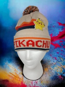 PIKACHU Pokemon Pom Pom Beanie Unisex OSFM Nintendo Tan EUC - Picture 1 of 6
