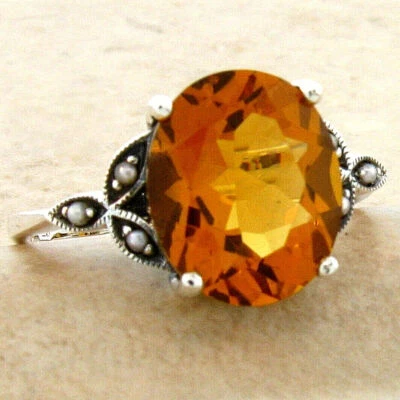 古董风格 925 纯银实验室制造 5 克拉 CITRINE & PEARL 戒指 523Z — 第 1/3 张图片