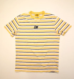 Vintage Alphanumeric T-Shirt Mens M Embroidered Logo Yellow Navy Stripe Y2K READ - Picture 1 of 9
