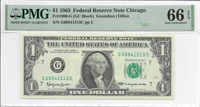 1963 $1 CHICAGO FRN. PMG GEM Uncirculated 66 EPQ Banknote. G/C block. 2nd of 2 - Image 1 of 2