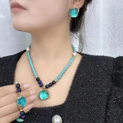 Conjunto de pulsera collar turquesa estilo palacio retro para mujer Foto 1 de 4
