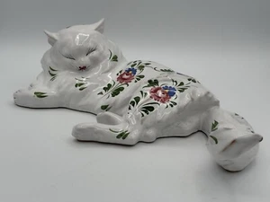 Vintage Italian Art Pottery Glazed Terracotta Majolica Floral Cat Sculpture 14” - Picture 1 of 15