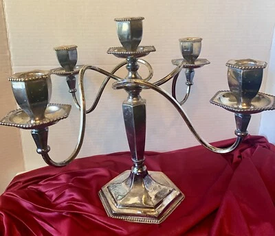 Candelabro antiguo con cuentas - 5 luces/brazo placa de plata 14 pulgadas con peso de cemento Foto 1 de 4