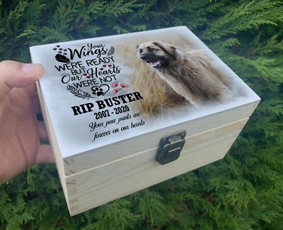 Small wooden urn for pet dog ashes, Keepsake memorial box, Personalised design. - Image 1 of 4