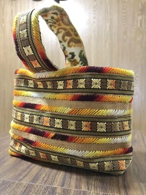 Bolso de Mano Años 60-70 Bordado con Arpillera BOHO Tejido Yute Otoño De Colección Forrado Hippie Foto 1 de 4
