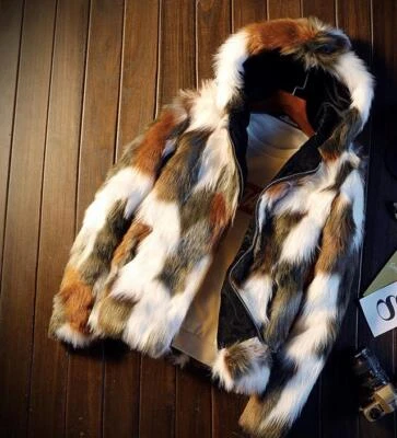 Мужская зимняя теплая с капюшоном искусственного меха тонкий Куртка Пальто пальто короткие кроличьего 5XL - Изображение 1 из 4