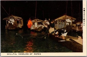 Vintage JAPAN Japanese Postcard Fishing Boat Scene "SKILLFUL HANDLING OF ROPES" - Picture 1 of 2