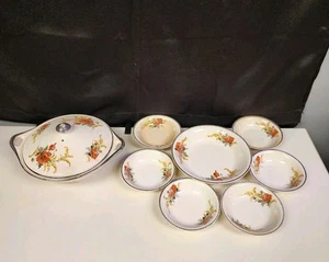 8er Set Elfenbein Porzellan von Sebring USA Floral mit Silberrand - Bild 1 von 22