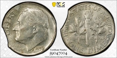 1959 10C Roosevelt Silver Dime Double Clipped Planchet Error PCGS AU58 Item#142 - Image 1 of 4