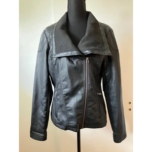 Schwarze Kunstleder Motorradjacke asymmetrischer Reißverschluss Kragen Größe M - Bild 1 von 10