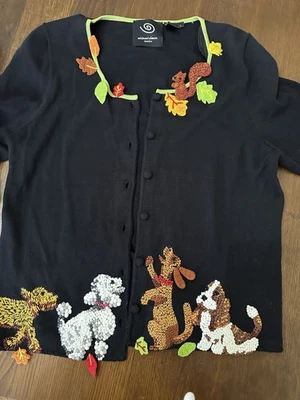 Michael Simon Sweater Women’s Large,  With Dogs Leafs and Squirrel. - Image 1 of 4
