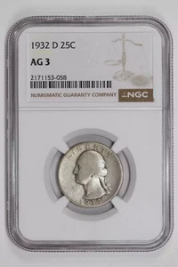 1932-D WASHINGTON QUARTER NGC AG3 - Picture 1 of 2
