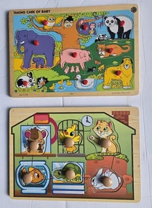 Two Vintage Small World Simplex Wooden Puzzles Animals Toys  Peg Grip Handles  - Picture 1 of 3