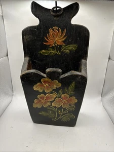 VTG Wooden Tole Hand Painted Hanging Mail Wall Pocket Black Folkart 11” - Picture 1 of 10
