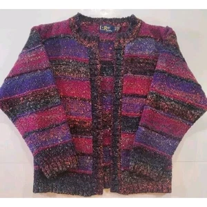Vintage 80s Leroy Knitwear Chunky Knit Open Cardigan Sz LG Jewel Tones Cozycore - Bild 1 von 11