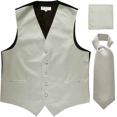 New Men's silver formal vest Tuxedo Waistcoat ascot & hankie set wedding prom - Image 1 of 4