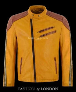 Chaqueta de cuero suave real estilo corredor amarilla clásica de motocross estilo corredor para hombre - Imagen 1 de 4