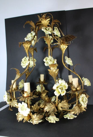 Vintage italian Metal golt gilt yellow porcelain roses Chandelier lamp Cover