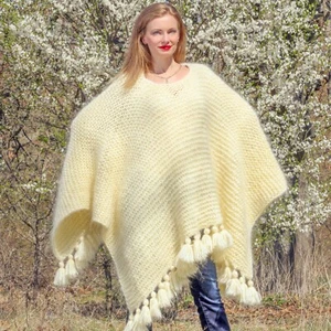 Ivory mohair poncho wrap  sweater with tassels soft mohair cape SuperTanya - Picture 1 of 4