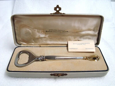 Abridor de barra de botellas de plata esterlina corona dorada MCM W. & S. Sorensen Dinamarca nuevo en caja Foto 1 de 4