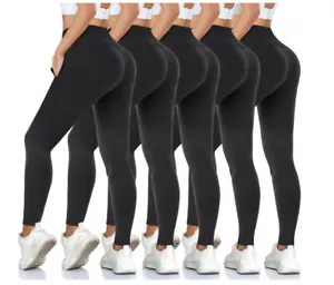 5 High Waisted Leggings for Women Soft Athletic Tummy Control Black Running Yoga - Picture 1 of 6
