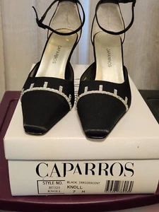 Vintage Caparros Women's Black Satin/ Rhinestone Evening Shoes Heels Sz 7 Knoll - Picture 1 of 20