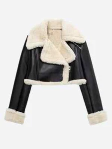 Women's Real Leather Biker Jacket Black Lined Fur Winter Warm Cropped Moto Coat - Picture 1 of 11