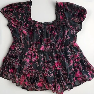 Torrid Velvet Burnout Babydoll Puff Sleeve Sheer Tiered Top 2X Whimsygoth Fairy - Picture 1 of 13