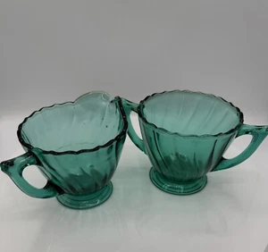 Vintage Jeanette Aquamarine Swirl Depression Glass Sugar Bowl and Creamer - Picture 1 of 2