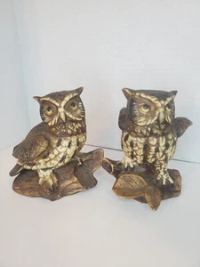 Vintage Homeco Owls Ceramic Figurines Set Of 2 Rustic Driftwood And Leaves - Picture 1 of 7
