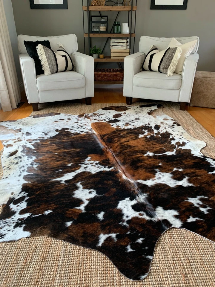 Tricolor Cow Hide Real Skin Leather Rug - Average Size 6X6 feet New Cowhide Rug - Image 1 of 4