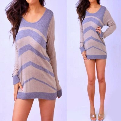 CALIFORNIA Gray Taupe Beige Long Sleeve Chevron Knit Shirt Top L Large - Image 1 of 4