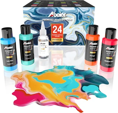 ABEIER Pouring Acrylfarbe, 60Ml Flaschen, 24 Farben Und Silikonöl (30Ml), Vorgemischt,