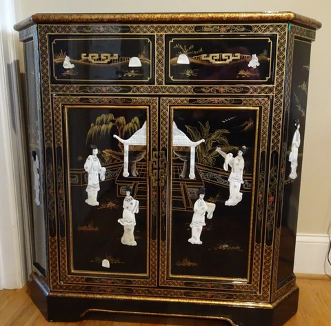 Vintage Asian Black Lacquer Mother of Pearl Cabinet Table Chest w/2 Drawers Cover