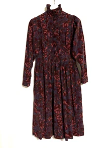 Vtg Laura Ashley Dress 8 80s Corduroy Prairie Midi Floral Burgundy US8 UK10 - Picture 1 of 12