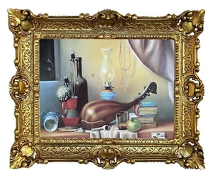 Beautiful Painting 56X46CM - By P. Grossi Still Life With Mandolin Antique Rep - Picture 1 of 3