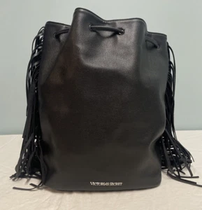 Victorias Secret Fashion Show Lined Faux Leather and Fringe Cinch Backpack Black - Picture 1 of 23