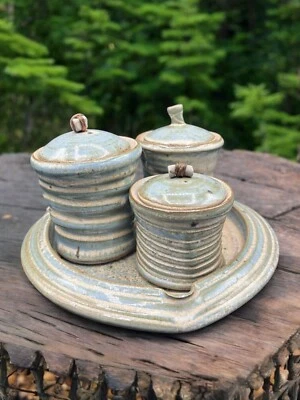 Vintage 7pc Gem Studio Art Pottery Container set With Dish / tray Bluegreen glaz - Image 1 of 4