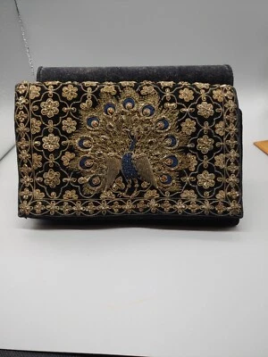 Antiguo bolso sin asas de colección cartera metal bordado pavo real Art Deco Foto 1 de 4