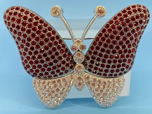 Butterfly Brooch Two-Tone Pave Style w/Red & Clear Rhinestones Silver-Tone Metal - Picture 1 of 12