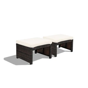 2PCS Patio Outdoor Rattan Wicker Ottoman Footrest Lightweight With Soft Cushion - Picture 1 of 11
