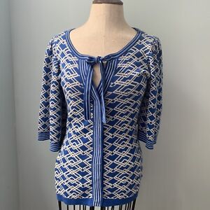 Tracy Reese Cardigan Size Med Blue Geometric Pussy Bow