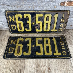 1940 North Dakota License Plate Pair 63-581 ND ‘40 Vintage Auto Tags - Picture 1 of 2