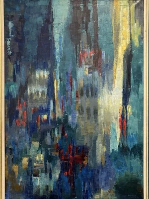 🔥 Vintage Modern NEW YORK Abstract Expressionist Cityscape Oil Painting, 1961 - Image 1 of 4