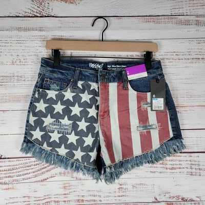 Mossimo 牛仔女式 6 码美国国旗磨损高腰短裤全新带标签 — 第 1/4 张图片